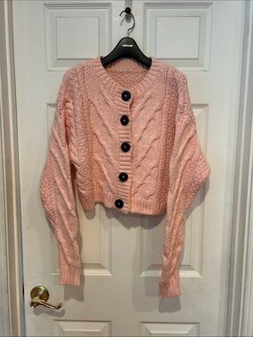 Free People Pink Cable-Knit Button Cardigan